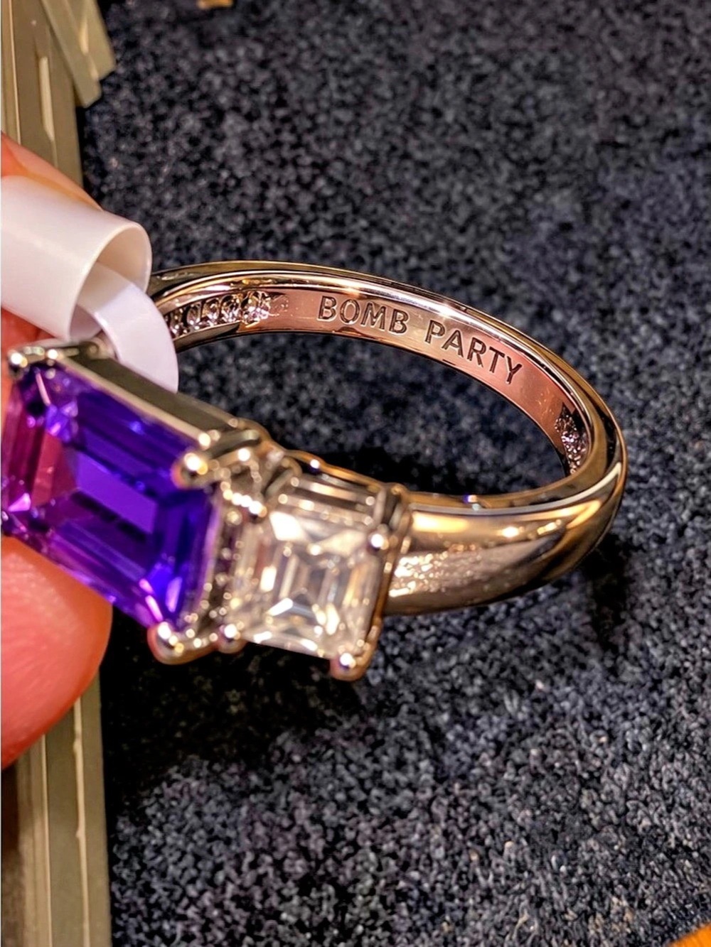 New Bomb Party Amethyst and White Topaz 3-Stone Ring Size 8 Rhodium - Picture 2 of 2